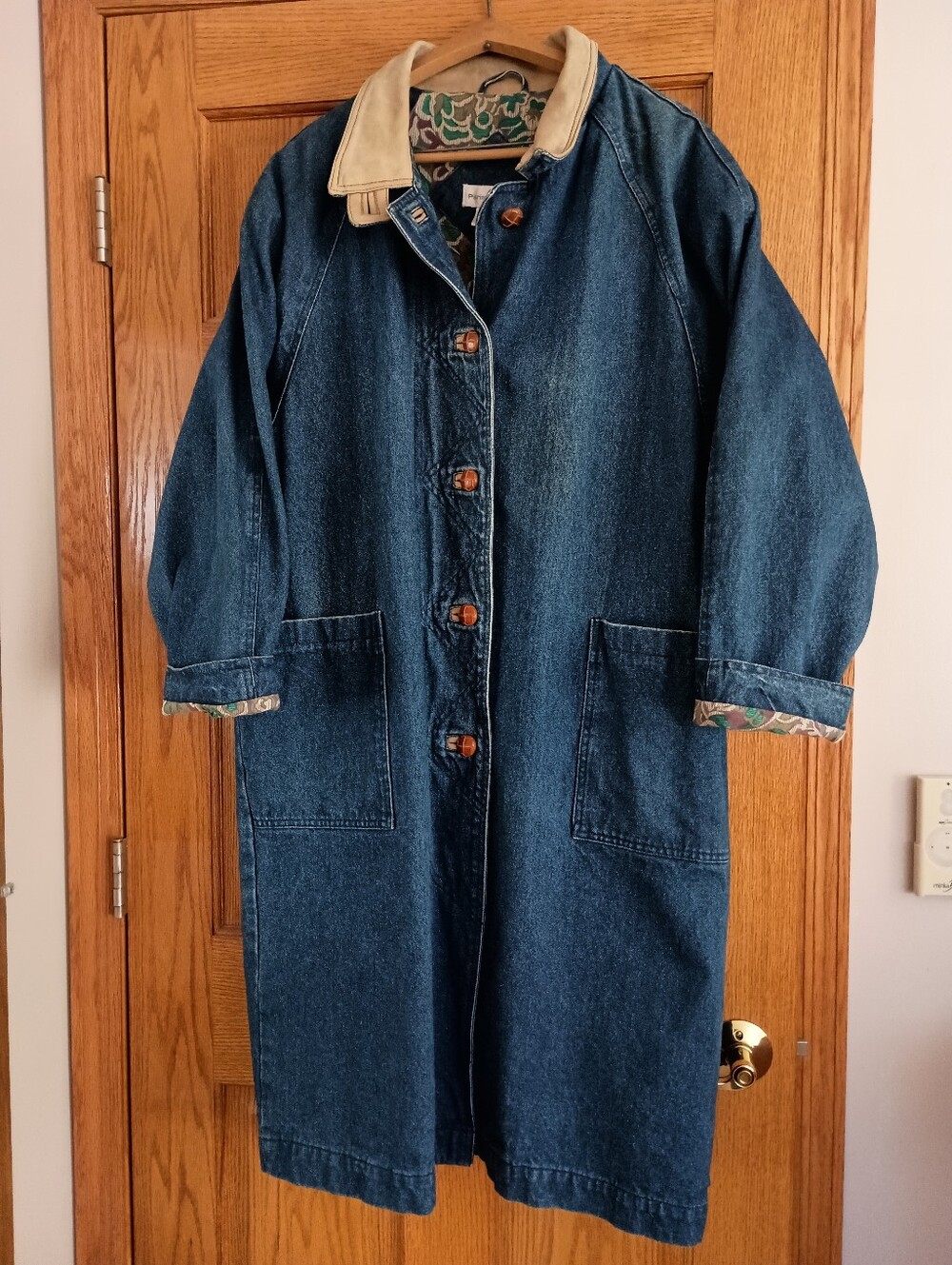 Denim Long Coat with Contrast Collar - Blue